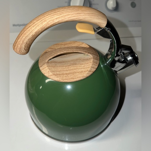 RAE DUNN christmas whistling tea kettle green wooden handle NEW - Picture 2 of 4
